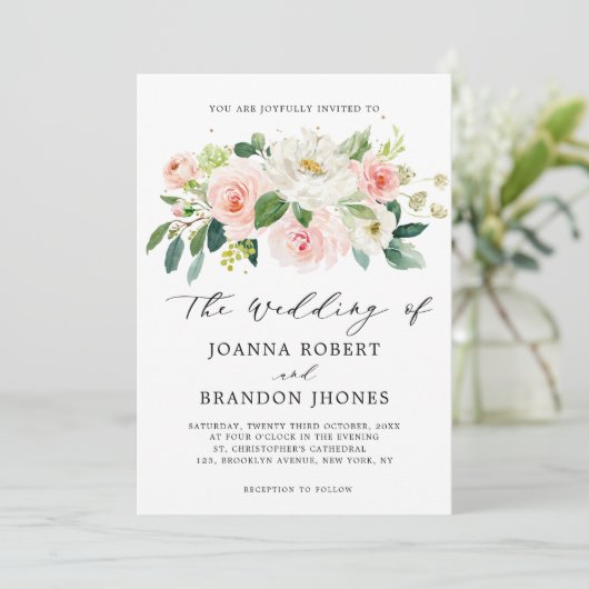 赤面ピンクローズ花模様モダンボタニカル結婚ズ 招待状 (スタンド正面)