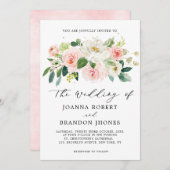 赤面ピンクローズ花模様モダンボタニカル結婚ズ 招待状 (正面/裏面)