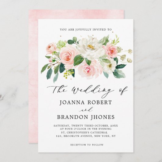 赤面ピンクローズ花模様モダンボタニカル結婚ズ 招待状 (正面/裏面)