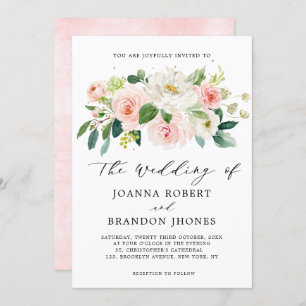 赤面ピンクローズ花模様モダンボタニカル結婚ズ 招待状