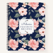赤面ピンクローズ花模様&セージリーフフリージレシピ ノートブック (正面)
