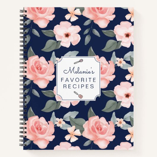 赤面ピンクローズ花模様&セージリーフフリージレシピ ノートブック (正面)