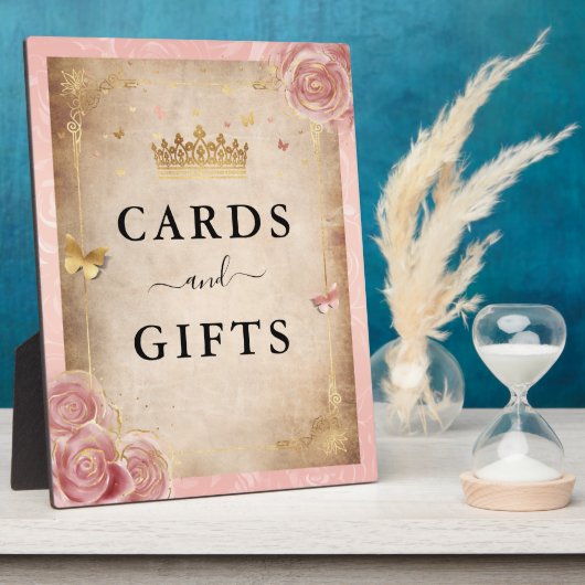 赤面ピンクローズ金ゴールドカードとギフトサイン フォトプラーク (側面)