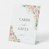 赤面ピンクローズ金ゴールドカードとギフトサイン 台座サイン (正面)