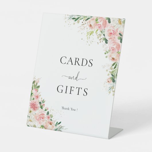 赤面ピンクローズ金ゴールドカードとギフトサイン 台座サイン (正面)