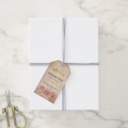 赤面ピンクローズ金ゴールドクラウンありがとうお願い ギフトタグ (より糸付き)