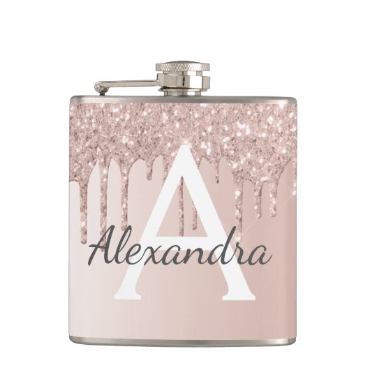 赤面ピンクローズ金ゴールドグリッターとスパークルモノグラム フラスク (正面)