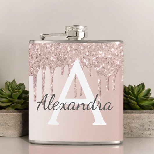 赤面ピンクローズ金ゴールドグリッターとスパークルモノグラム フラスク