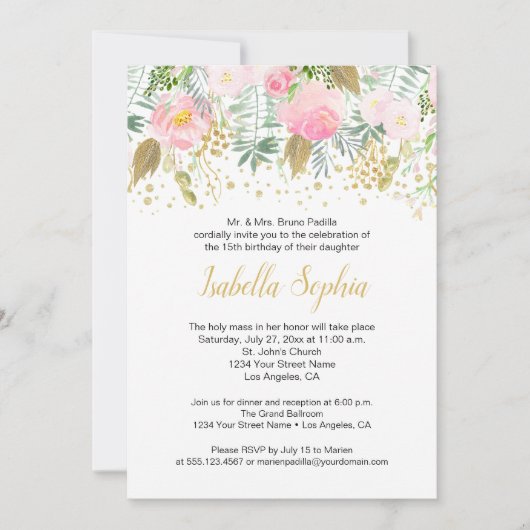 赤面ピンクローズ金ゴールドグリッターグリーナリーキンセアニェラ 招待状 (正面)