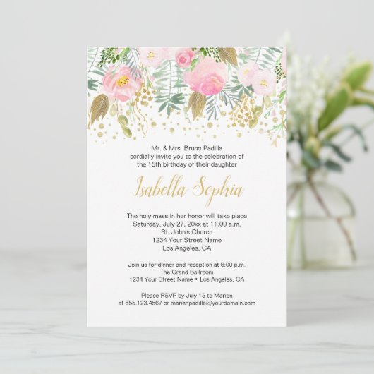 赤面ピンクローズ金ゴールドグリッターグリーナリーキンセアニェラ 招待状 (スタンド正面)