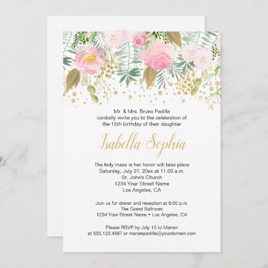 赤面ピンクローズ金ゴールドグリッターグリーナリーキンセアニェラ 招待状 (正面/裏面)