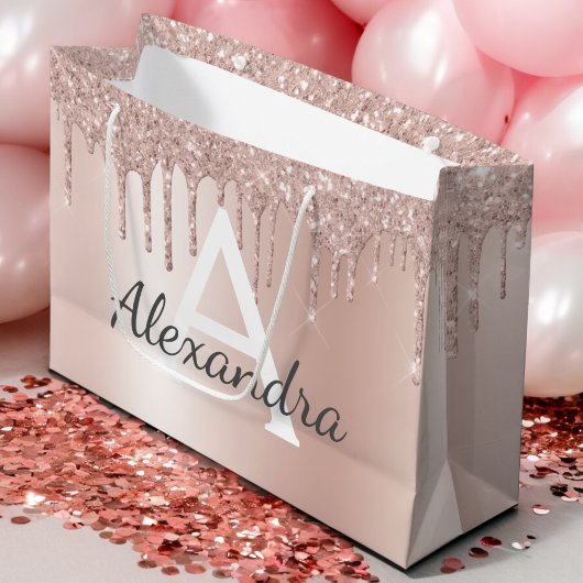 赤面ピンクローズ金ゴールドグリッターシモノグラムのック ラージペーパーバッグ