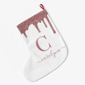 赤面ピンクローズ金ゴールドグリッタードリップスモノグラム ラージクリスマスストッキング (裏面 (吊り時))