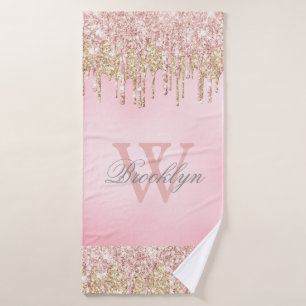 赤面ピンクローズ金ゴールドグリッタードリモノグラムのップス  バスタオル