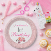 赤面ピンクローズ金ゴールドグリッターフローラ1st誕生日 ペーパープレート (パーティー)