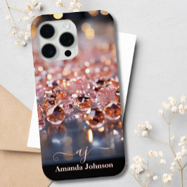 赤面ピンクローズ金ゴールドグリッターモノグラムの宝石 iPhone 15 PRO MAXケース