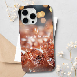 赤面ピンクローズ金ゴールドグリッターモノグラムの宝石 iPhone 15 PRO MAXケース