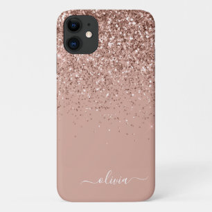 赤面ピンクローズ金ゴールドグリッターモノグラム名 iPhone 11 ケース