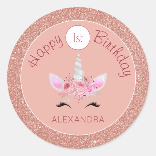 赤面ピンクローズ金ゴールドグリッターユニコーン1歳 ラウンドシール (正面)