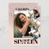 赤面ピンクローズ金ゴールドグリッター4枚フォトスイート16 招待状 (正面/裏面)