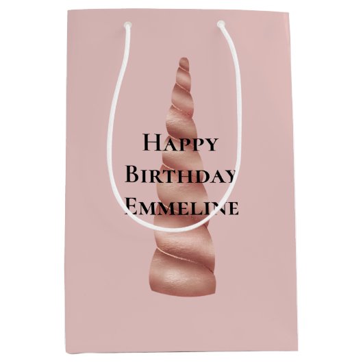赤面ピンクローズ金ゴールドグレームユニコーン誕生日 ミディアムペーパーバッグ (正面)