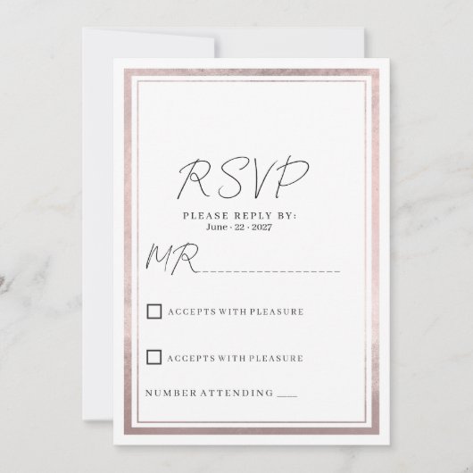赤面ピンクローズ金ゴールドシルバーグリッター結婚式RSVP 招待状 (正面)