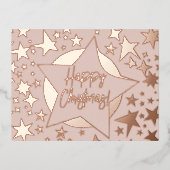 赤面ピンクローズ金ゴールドスクリプトハッピークリスマススターズ 箔シーズンポストカード (正面)