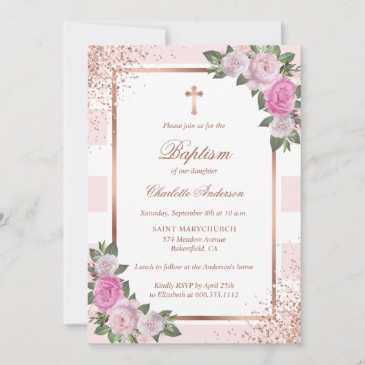赤面ピンクローズ金ゴールドストライプのフローラガールバプテスマ 招待状 (正面)