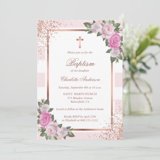 赤面ピンクローズ金ゴールドストライプのフローラガールバプテスマ 招待状 (スタンド正面)