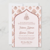 赤面ピンクローズ金ゴールドダマスクアルムスリム結婚ズ 招待状 (正面)