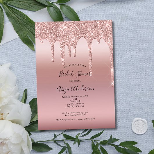 赤面ピンクローズ金ゴールドドリップブライダルシャワー 招待状
