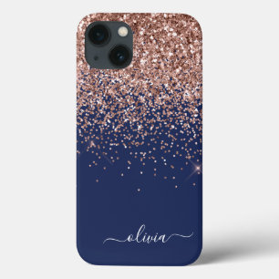 赤面ピンクローズ金ゴールドネイビーブルーグリッターモノグラムカ iPhone 13ケース