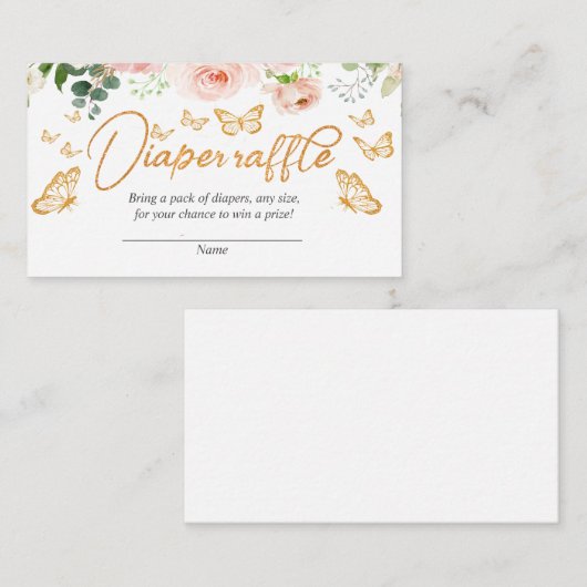 赤面ピンクローズ金ゴールドバタフライおむつラッフルカード エンクロージャーカード (正面/裏面)