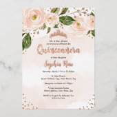 赤面ピンクローズ金ゴールドフラワーティアラキンセアニェラ 箔招待状 (正面)