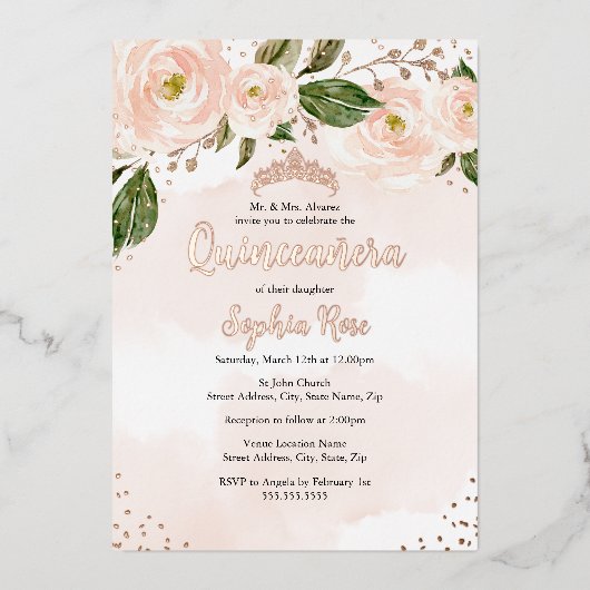 赤面ピンクローズ金ゴールドフラワーティアラキンセアニェラ 箔招待状 (正面)