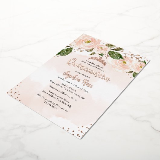 赤面ピンクローズ金ゴールドフラワーティアラキンセアニェラ 箔招待状 (回転した状態)