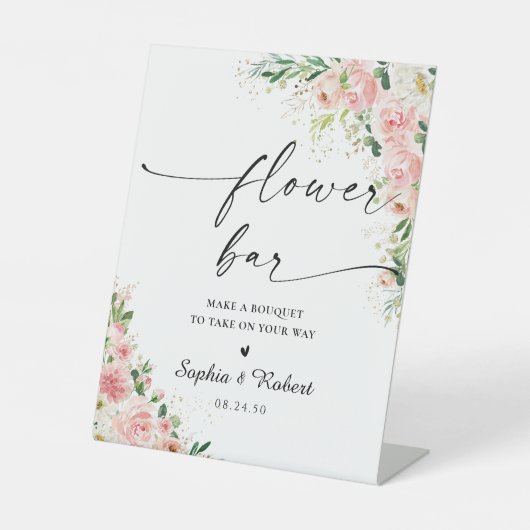 赤面ピンクローズ金ゴールドフラワーバー標識 台座サイン (正面)