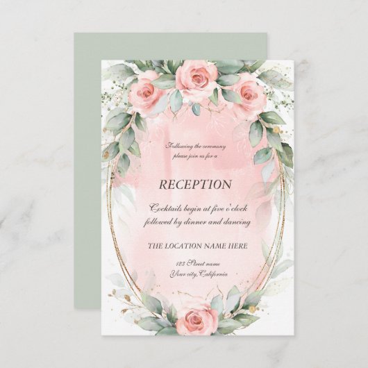 赤面ピンクローズ金ゴールドフレーム披露宴 招待状 (正面/裏面)