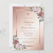 赤面ピンクローズ金ゴールドフローラガールバプテスマ 招待状 (正面)