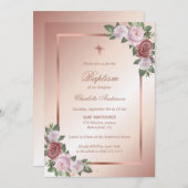 赤面ピンクローズ金ゴールドフローラガールバプテスマ 招待状 (正面/裏面)