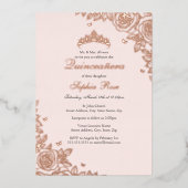 赤面ピンクローズ金ゴールドフローラキンセアニェラ誕生日 箔招待状 (正面)