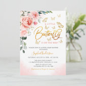 赤面ピンクローズ金ゴールドフローラバタフライベビーシャワー  招待状 (スタンド正面)