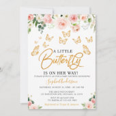 赤面ピンクローズ金ゴールドフローラバタフライベビーシャワー 招待状 (正面)