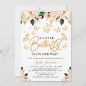 赤面ピンクローズ金ゴールドフローラバタフライベビーシャワー 招待状 (正面)