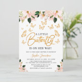 赤面ピンクローズ金ゴールドフローラバタフライベビーシャワー 招待状 (スタンド正面)