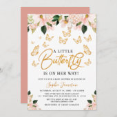 赤面ピンクローズ金ゴールドフローラバタフライベビーシャワー 招待状 (正面/裏面)
