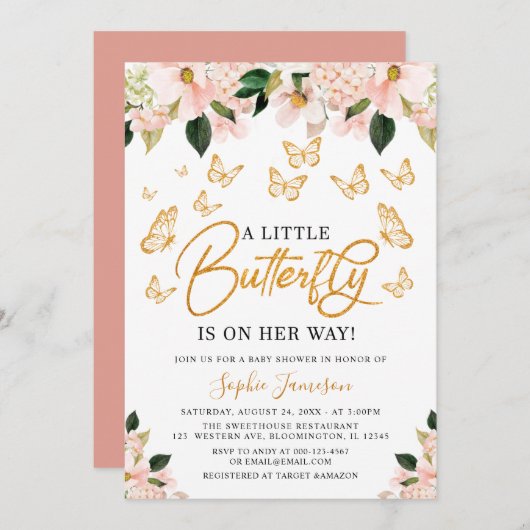 赤面ピンクローズ金ゴールドフローラバタフライベビーシャワー 招待状 (正面/裏面)