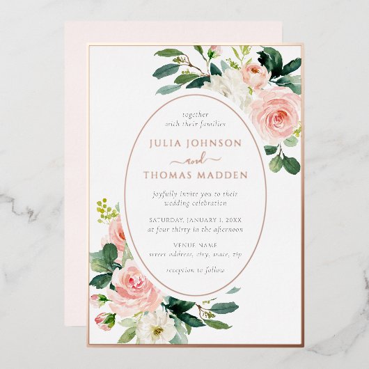 赤面ピンクローズ金ゴールドフローラフレ結婚ーム 箔招待状 (正面/裏面)