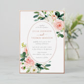 赤面ピンクローズ金ゴールドフローラフレ結婚ーム 箔招待状 (立ち正面)
