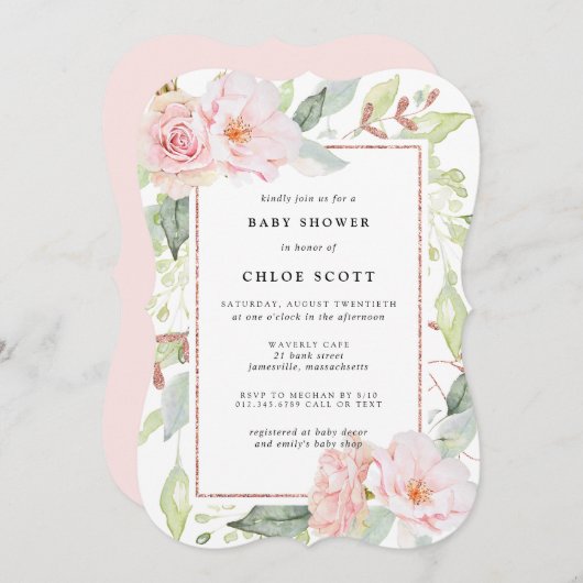 赤面ピンクローズ金ゴールドフローラベビーシャワー 招待状 (正面/裏面)
